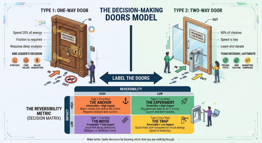 A concept image showing an SME leader standing between two doors, one labeled "Type 1: One-Way (Permanent)" and the other "Type 2: Two-Way (Reversible)," representing a decision-making framework.